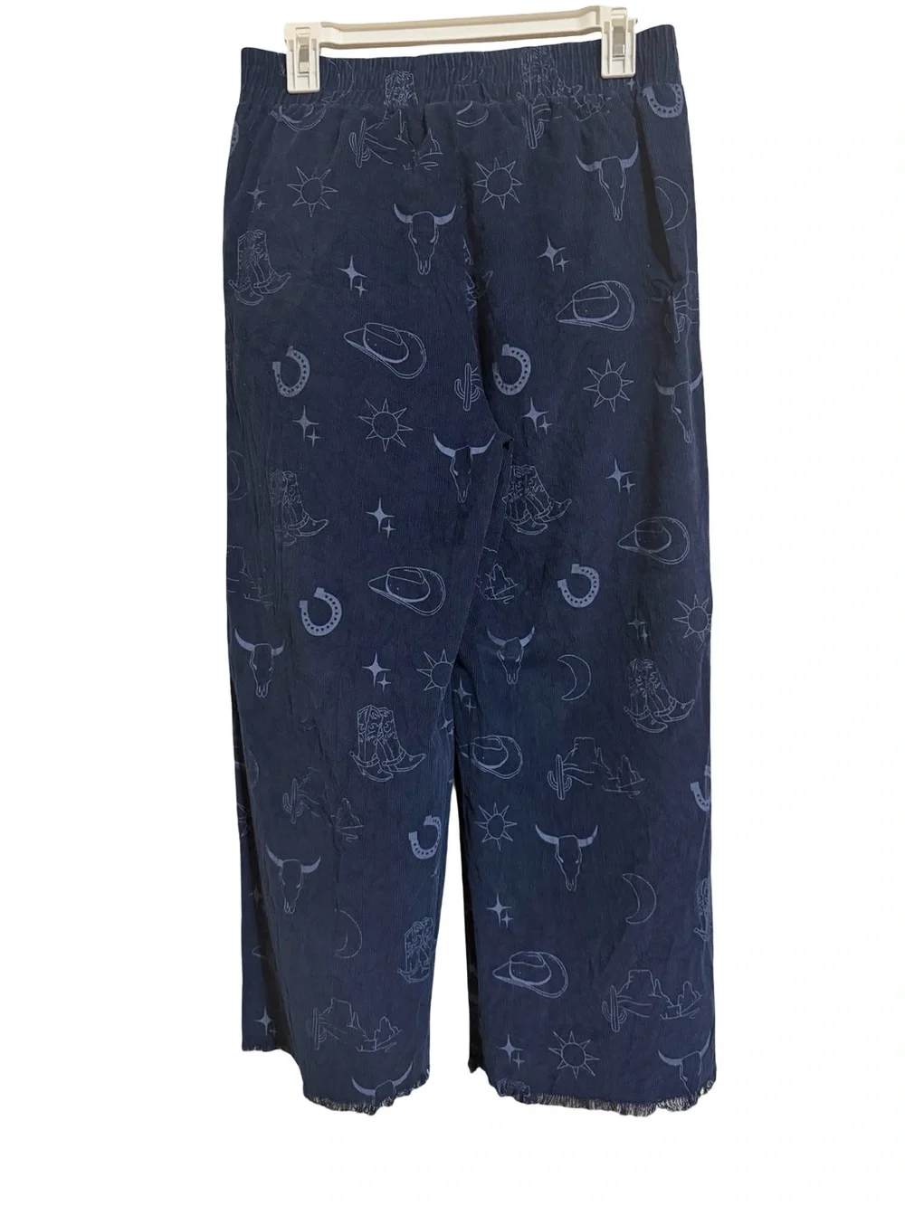 Umgee Women’s Navy Blue Corduroy Pants with Western Print and Raw Hem Sz Medium - Picture 2 of 4
